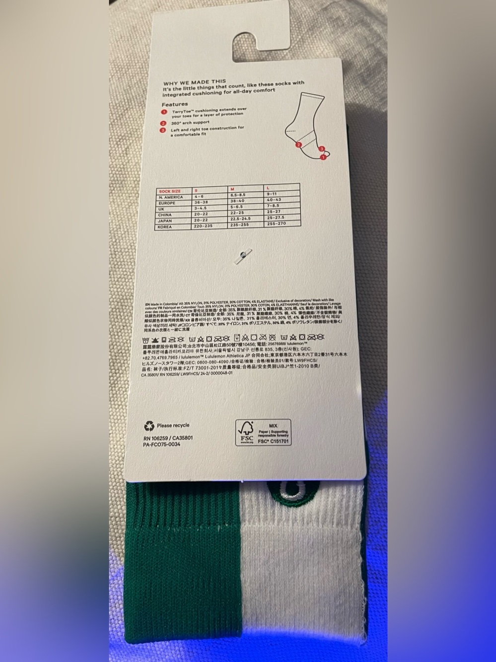 lululemon athletica Daily Stride Ribbed Crew Socks - White & Green - Picture 2 of 2